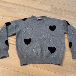 Nanette Lepore gray knit sweater black & crystal hearts-AOP-Festive-Whimsical